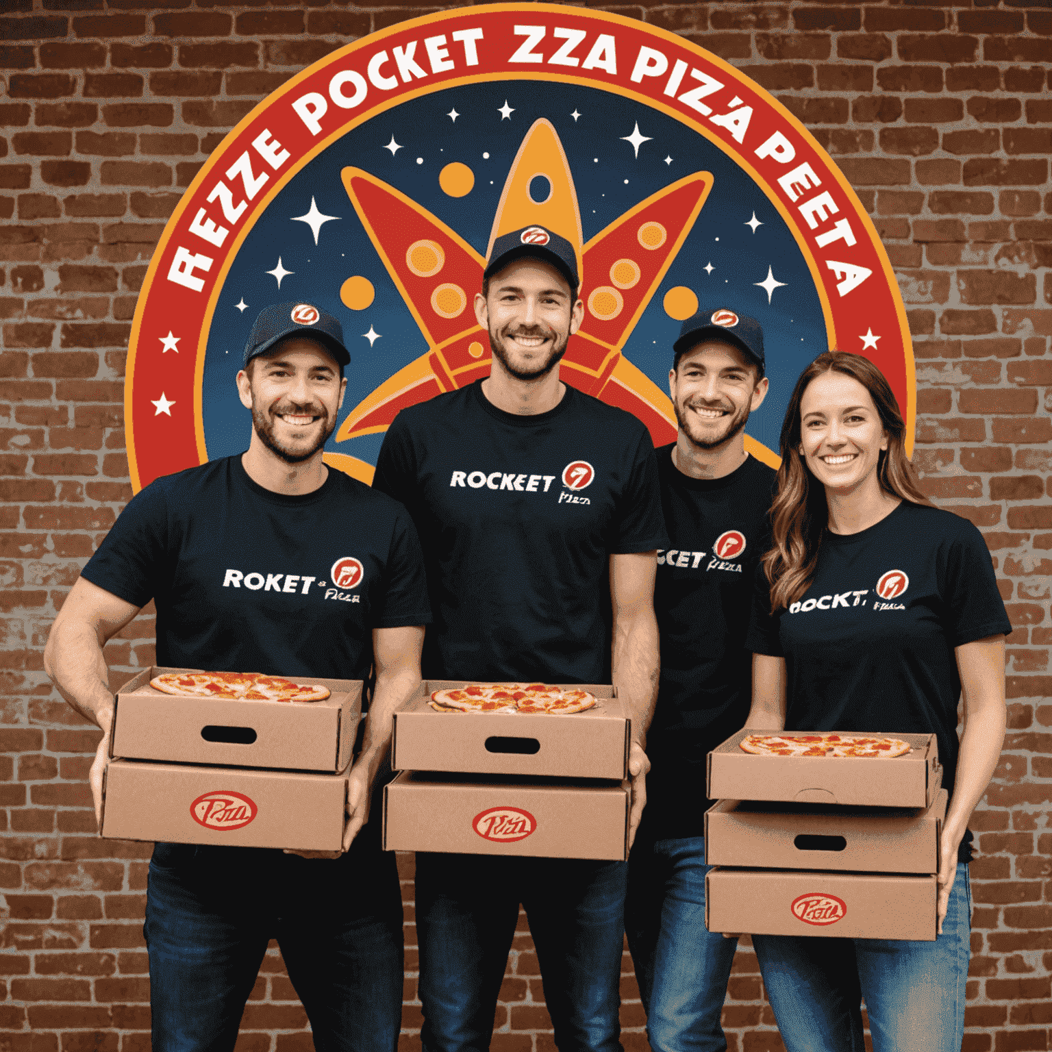 A group photo of the Rocket Pizza team, smiling and holding pizza boxes, with the Rocket Pizza logo in the background