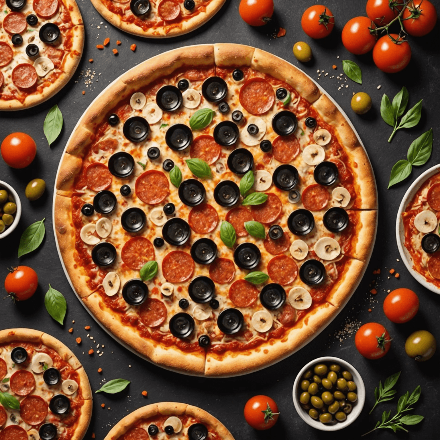 A mouthwatering pizza with a variety of toppings, including pepperoni, mushrooms, and olives, on a crispy golden crust