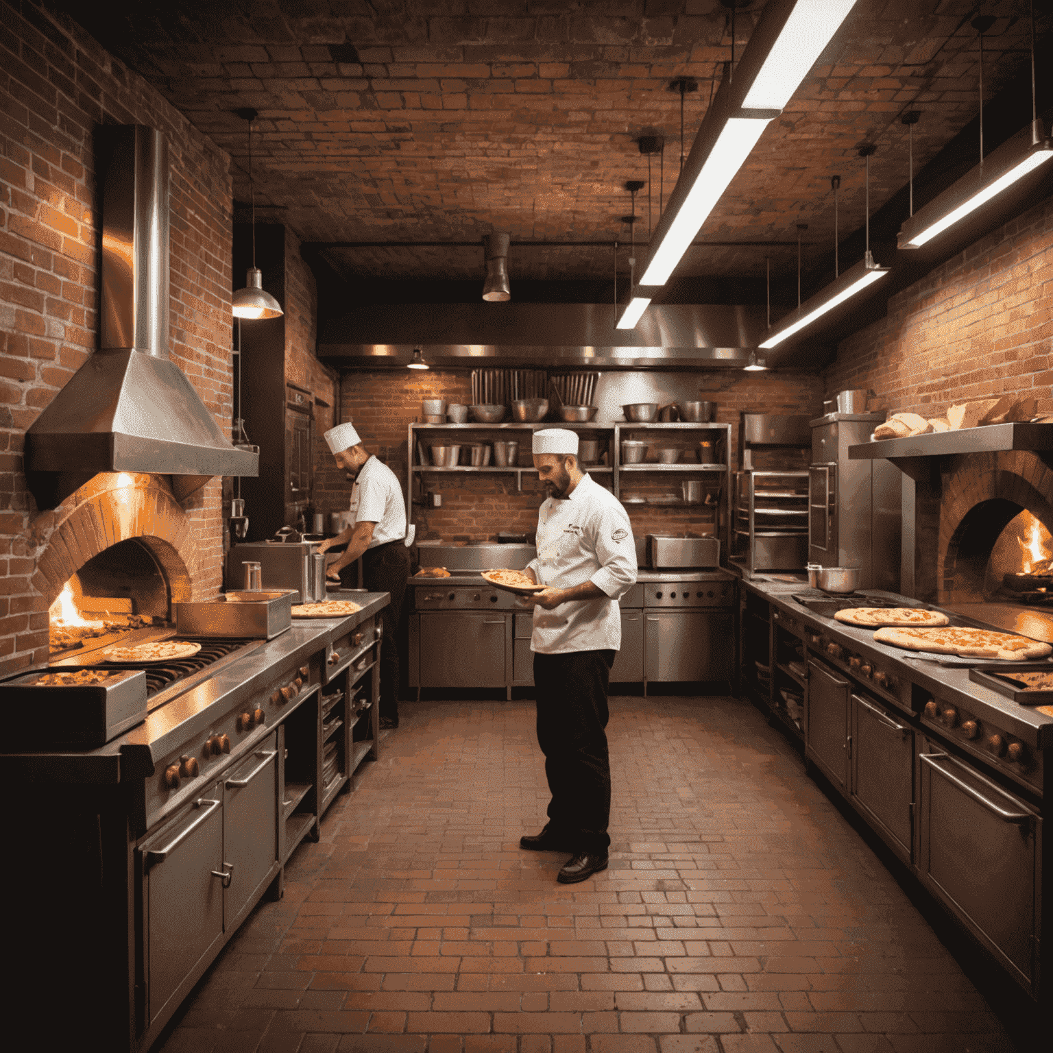 Interior of Rocket Pizza restaurant showing the kitchen, brick oven, and staff preparing pizzas