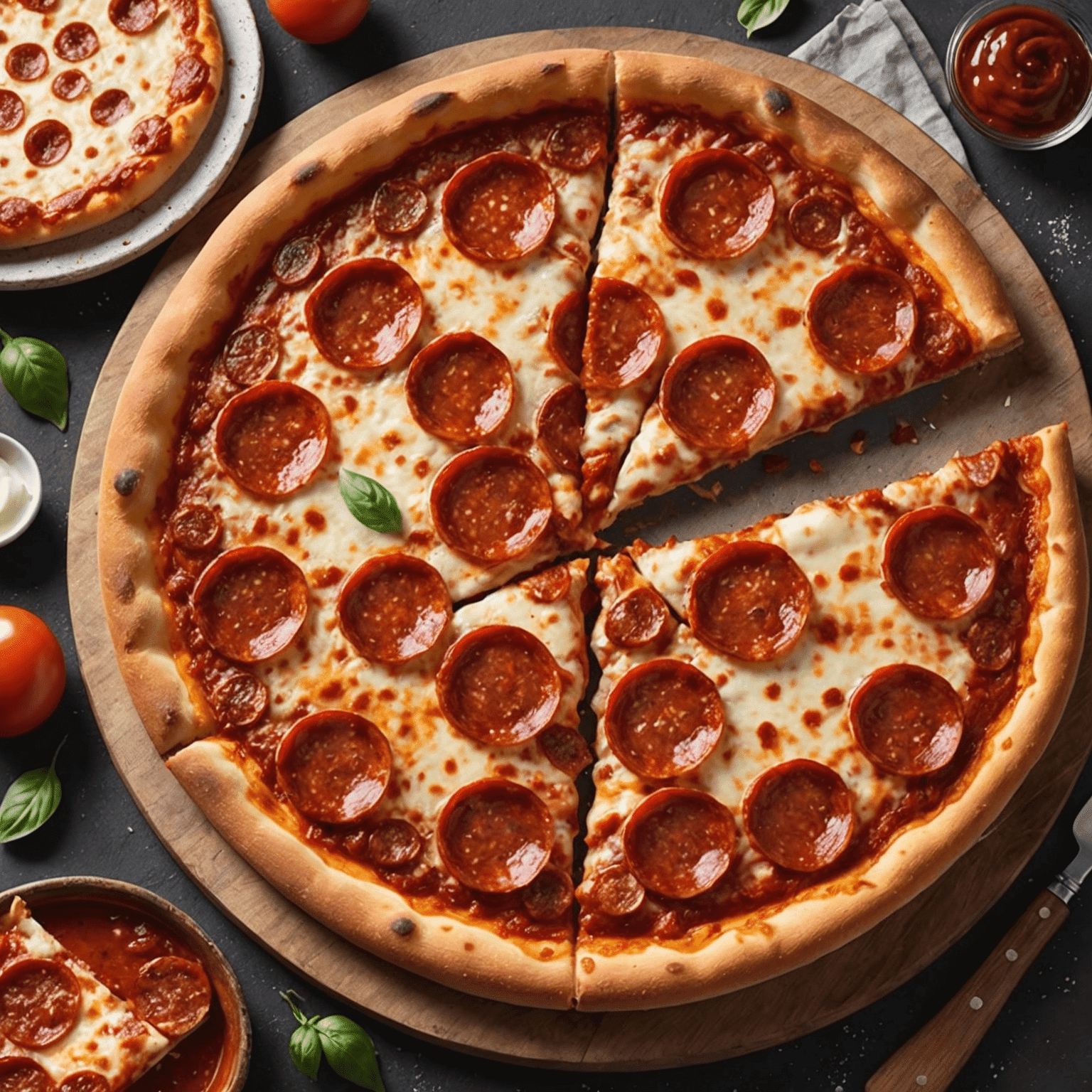 A delicious pepperoni pizza with a crispy crust, rich tomato sauce, melted mozzarella cheese, and spicy pepperoni slices