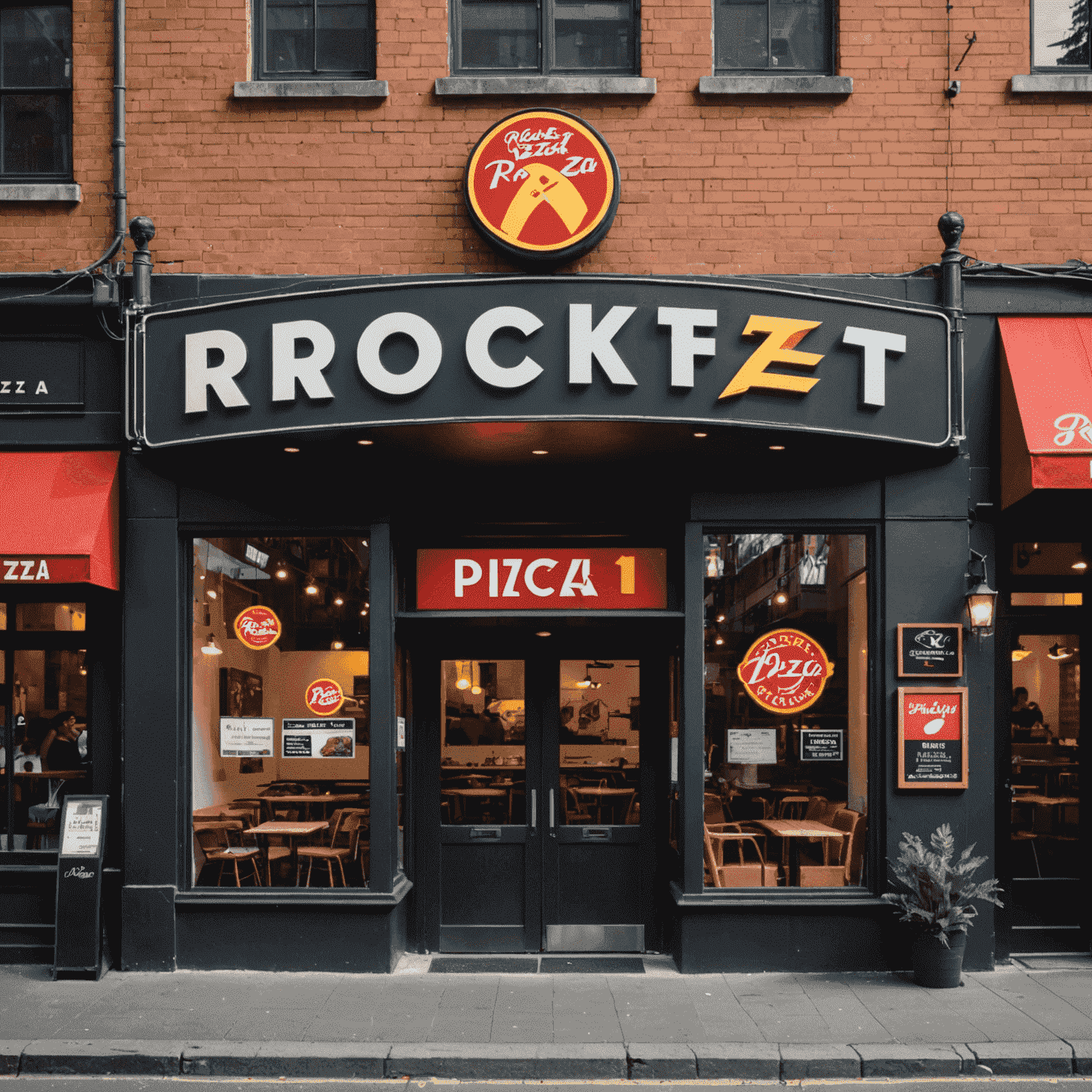 Exterior view of the Rocket Pizza restaurant in Sydney, Australia with a large sign displaying the company logo