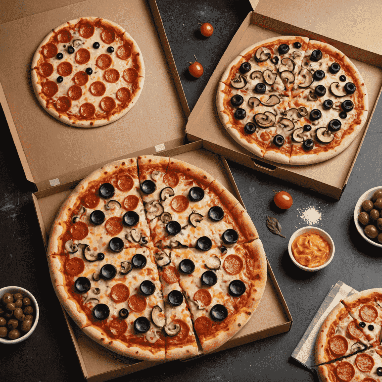 A delicious medium pizza with various toppings like pepperoni, mushrooms, and olives, next to a large pizza box, representing the Free Pizza Friday deal at Rocket Pizza