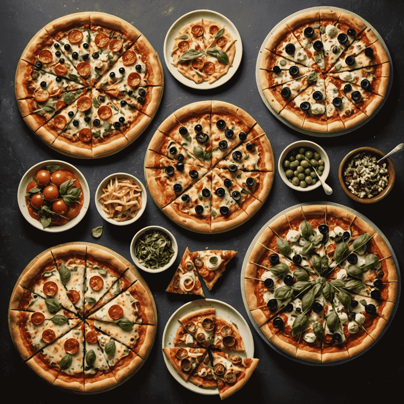 A selection of various pizzas from the Rocket Pizza menu, showcasing classic favorites and unique creations