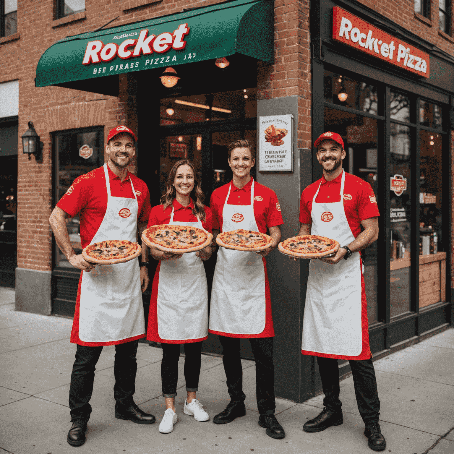 Rocket Pizza staff posing together outside one of the restaurant locations