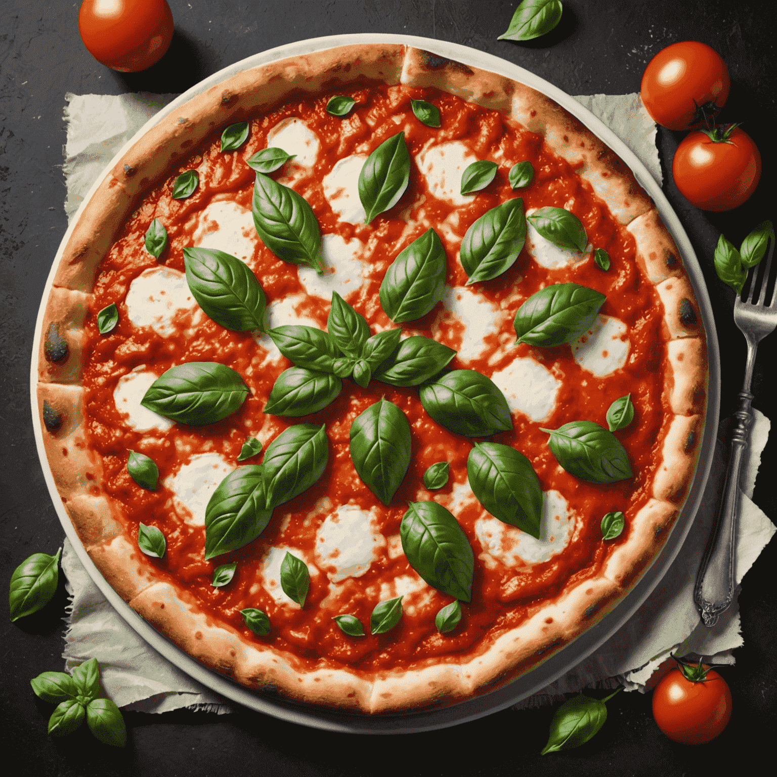 A traditional Margherita pizza with a thin crust, fresh tomato sauce, melted mozzarella cheese, and fresh basil leaves