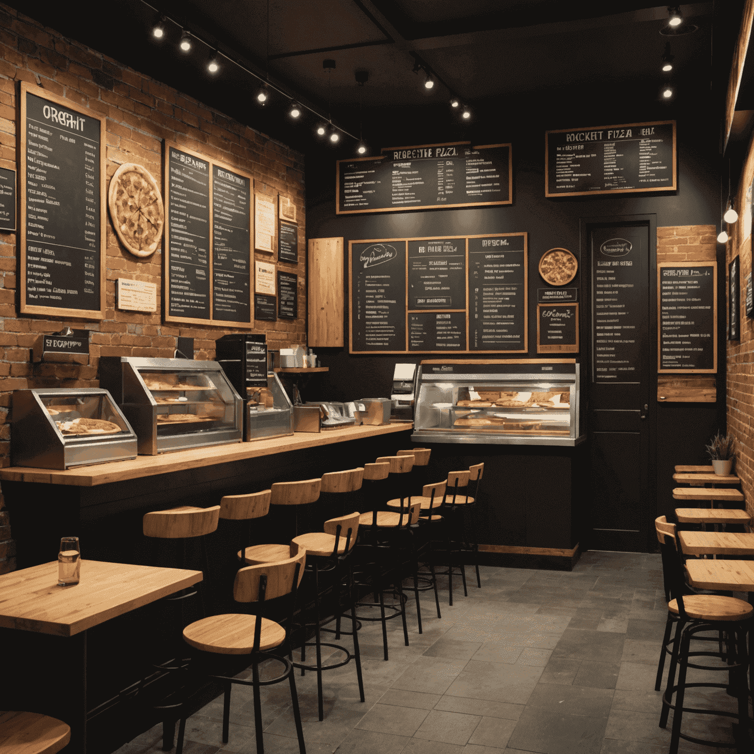 Interior of the Rocket Pizza restaurant in Melbourne showing the ordering counter, menu boards, and seating area