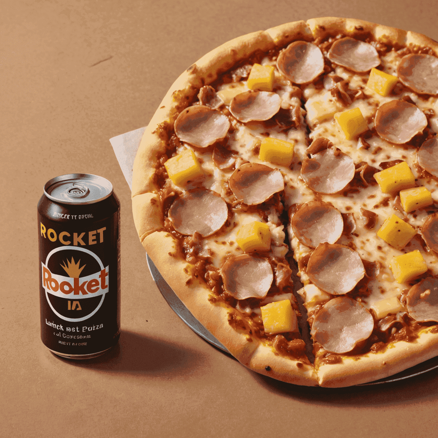 A small pizza with ham and pineapple toppings and a can of cola, representing the affordable Lunchtime Special deal available on weekdays at Rocket Pizza