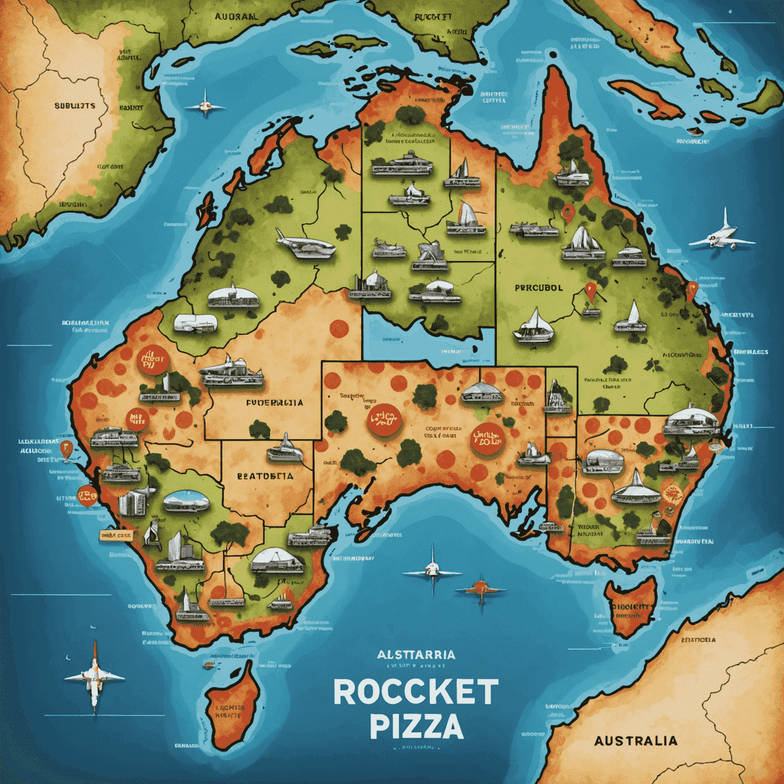 A map of Australia with markers indicating the locations of Rocket Pizza outlets across the country