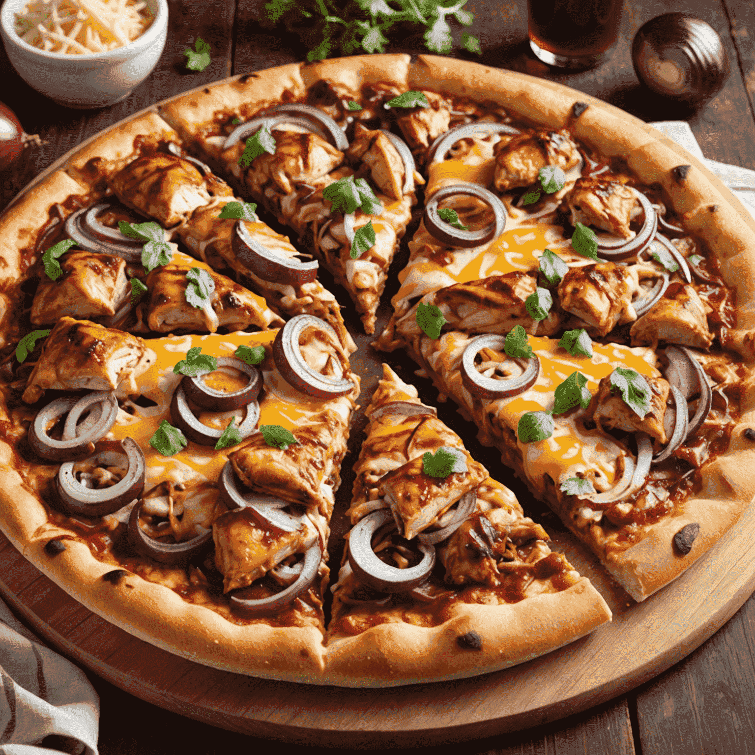 A flavorful BBQ chicken pizza with a crispy crust, tangy BBQ sauce, grilled chicken, red onions, and melted cheese