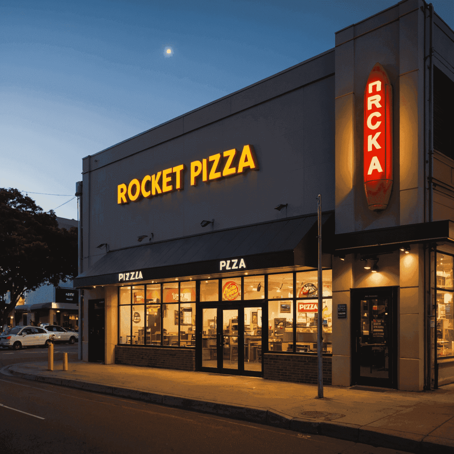 Exterior shot of the Rocket Pizza building in Brisbane at dusk with lights illuminating the signage and entrance