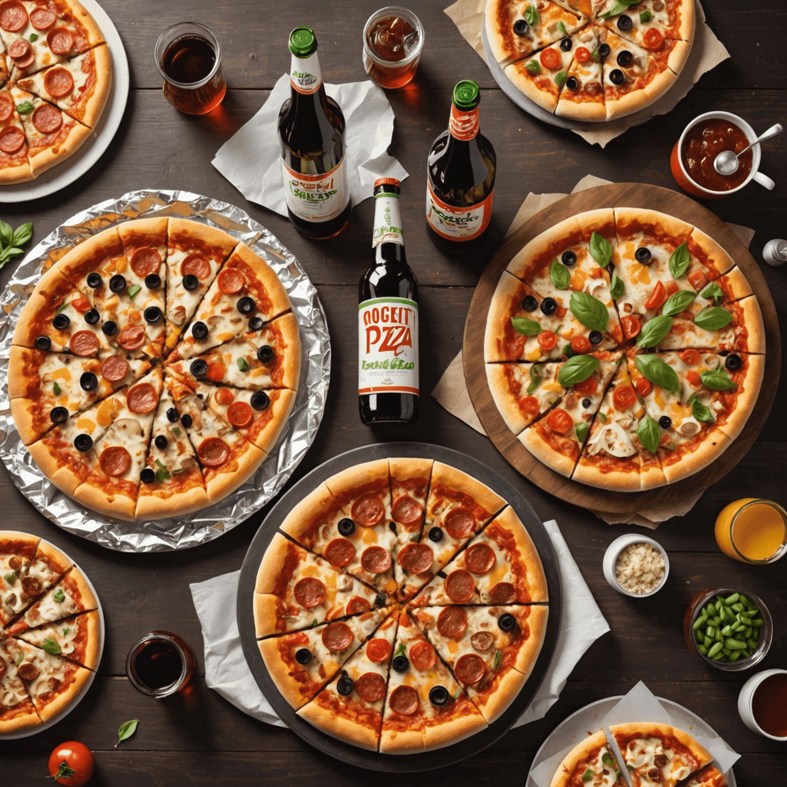 Two large pizzas with various meat and veggie toppings, a foil package of garlic bread, and a large bottle of soda, showcasing the generous Family Feast deal from Rocket Pizza