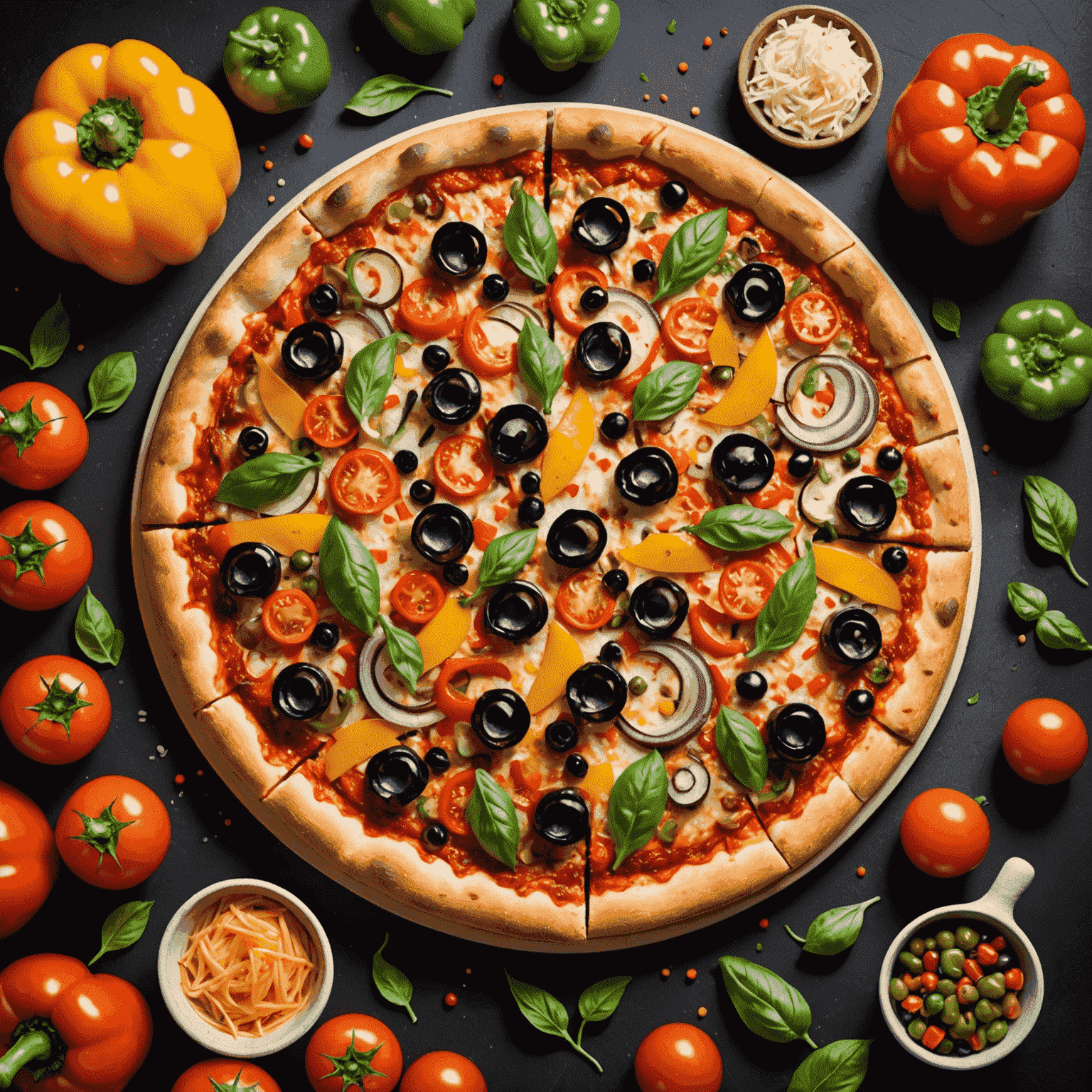 A colorful veggie supreme pizza loaded with fresh vegetables like bell peppers, onions, mushrooms, olives, and tomatoes on a crispy crust with tomato sauce and melted cheese