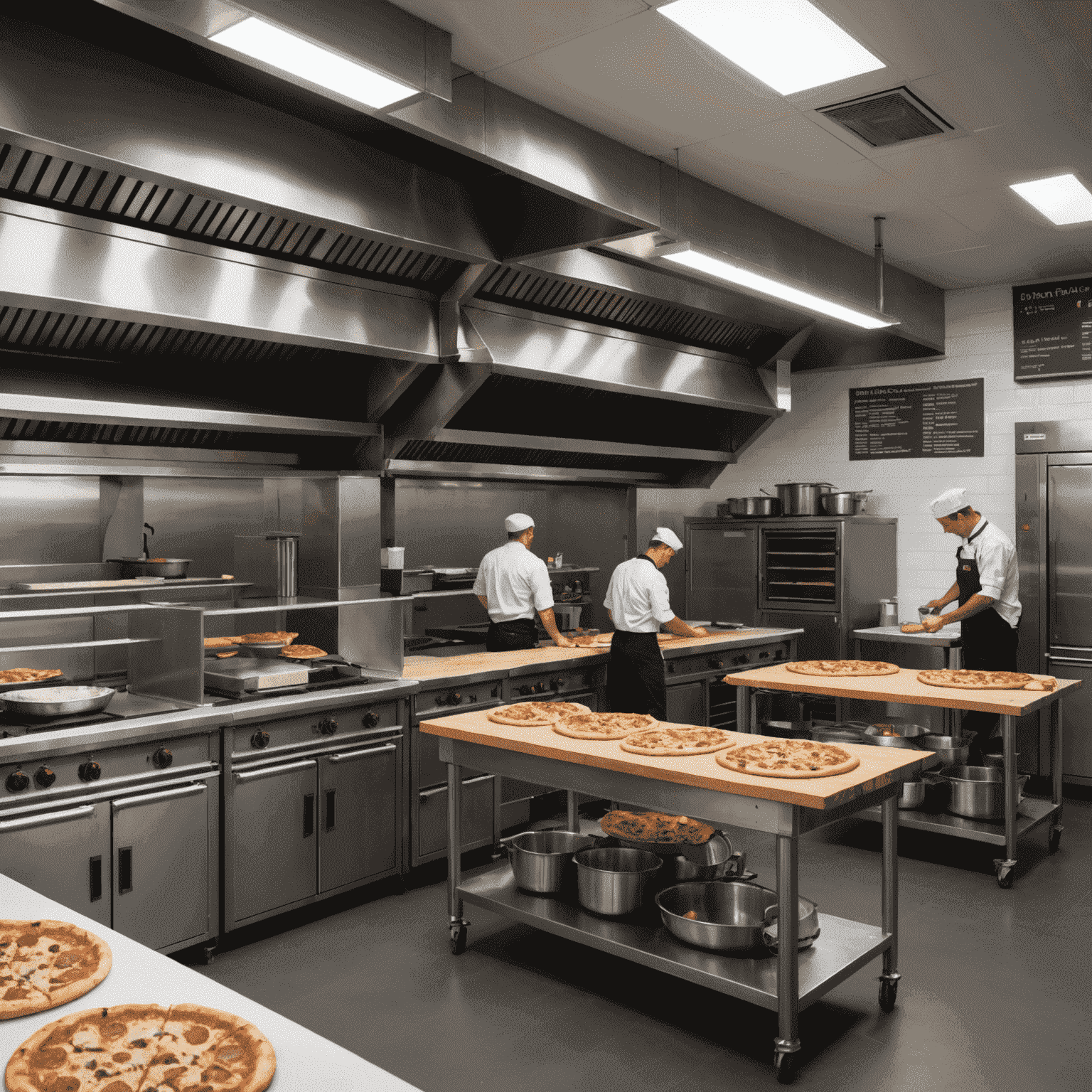 Interior view of the Perth Rocket Pizza kitchen area showing pizza ovens, prep stations and staff at work